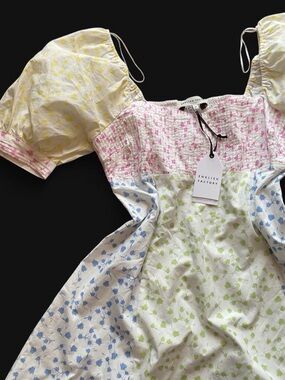 English Factory Floral Patchwork Puff Sleeve Dress - Pink, Green, White medium